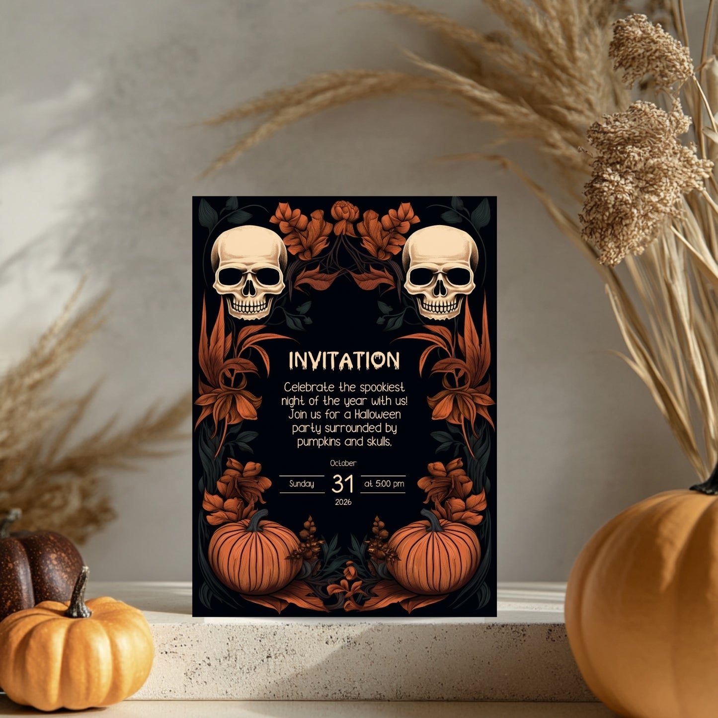 Dark Floral Halloween Invitation Card - Gothic Skulls & Pumpkins