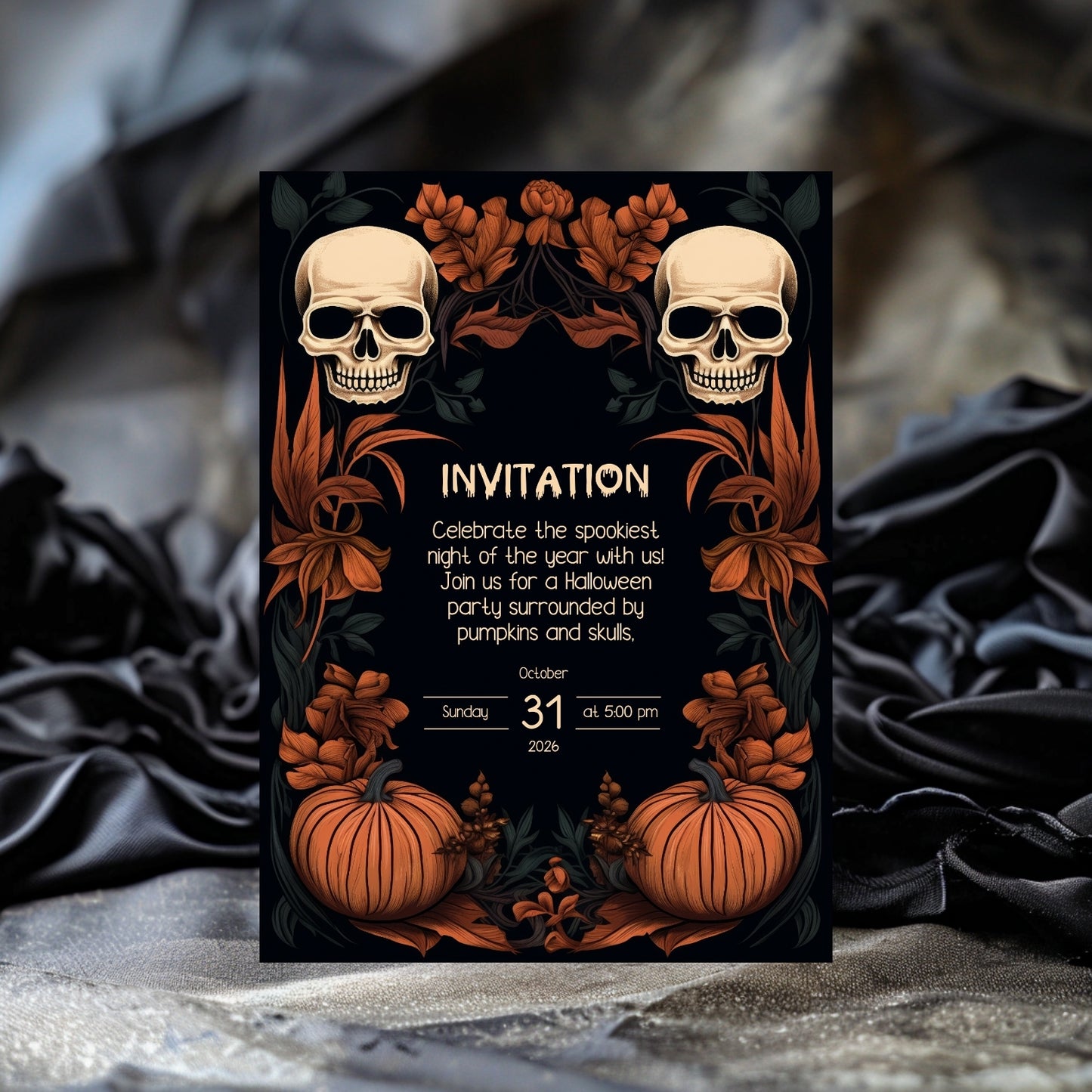 Dark Floral Halloween Invitation Card - Gothic Skulls & Pumpkins