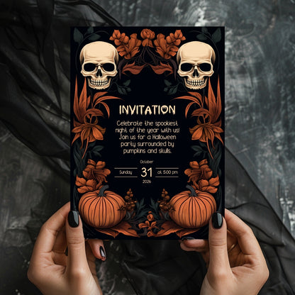 Dark Floral Halloween Invitation Card - Gothic Skulls & Pumpkins