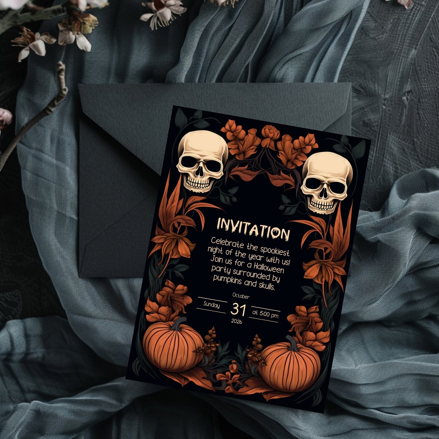 Dark Floral Halloween Invitation Card - Gothic Skulls & Pumpkins