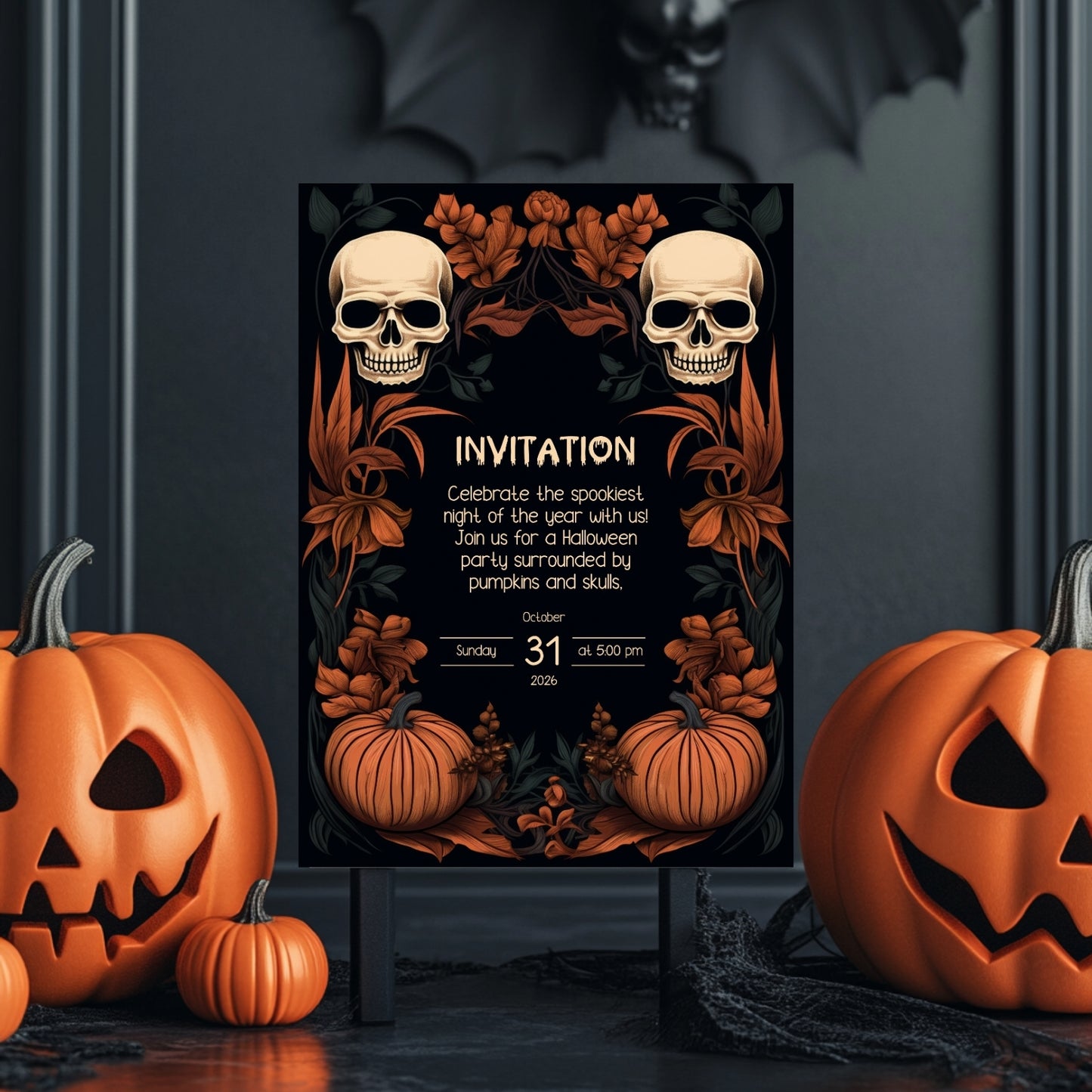 Dark Floral Halloween Invitation Card - Gothic Skulls & Pumpkins