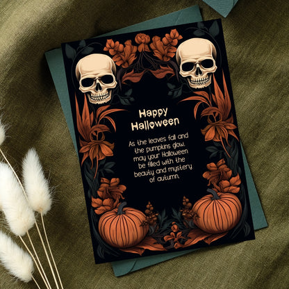 Dark Floral Halloween Invitation Card - Gothic Skulls & Pumpkins