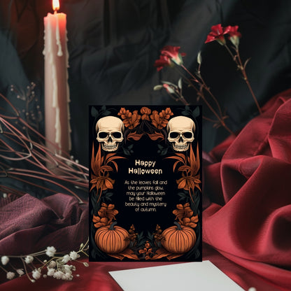 Dark Floral Halloween Invitation Card - Gothic Skulls & Pumpkins