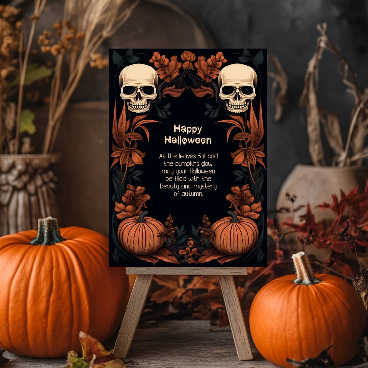 Dark Floral Halloween Invitation Card - Gothic Skulls & Pumpkins