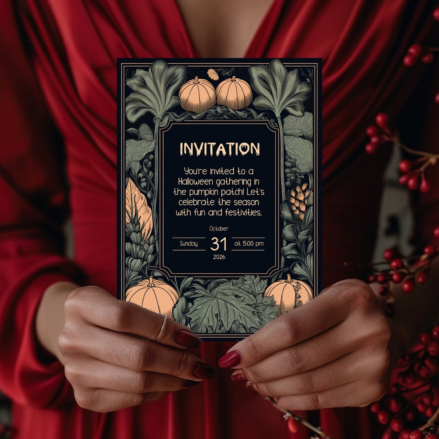 Rustic Harvest Halloween Invitation - Pumpkins & Leaves Design