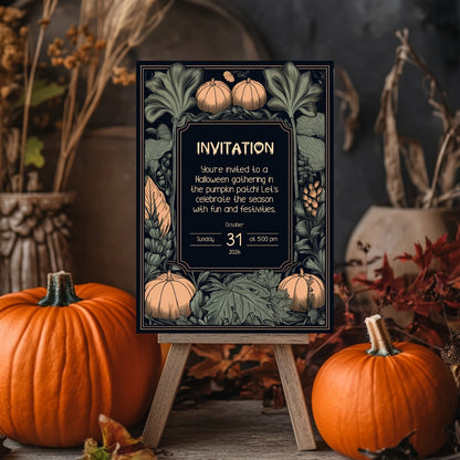 Rustic Harvest Halloween Invitation - Pumpkins & Leaves Design