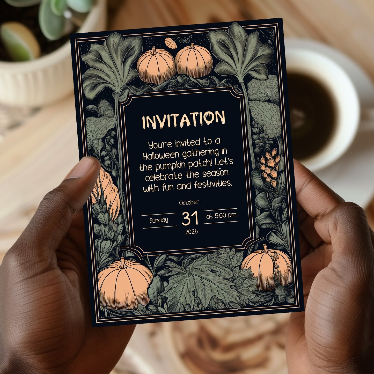 Rustic Harvest Halloween Invitation - Pumpkins & Leaves Design