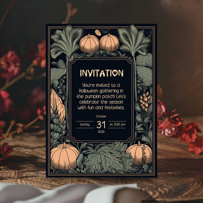 Rustic Harvest Halloween Invitation - Pumpkins & Leaves Design