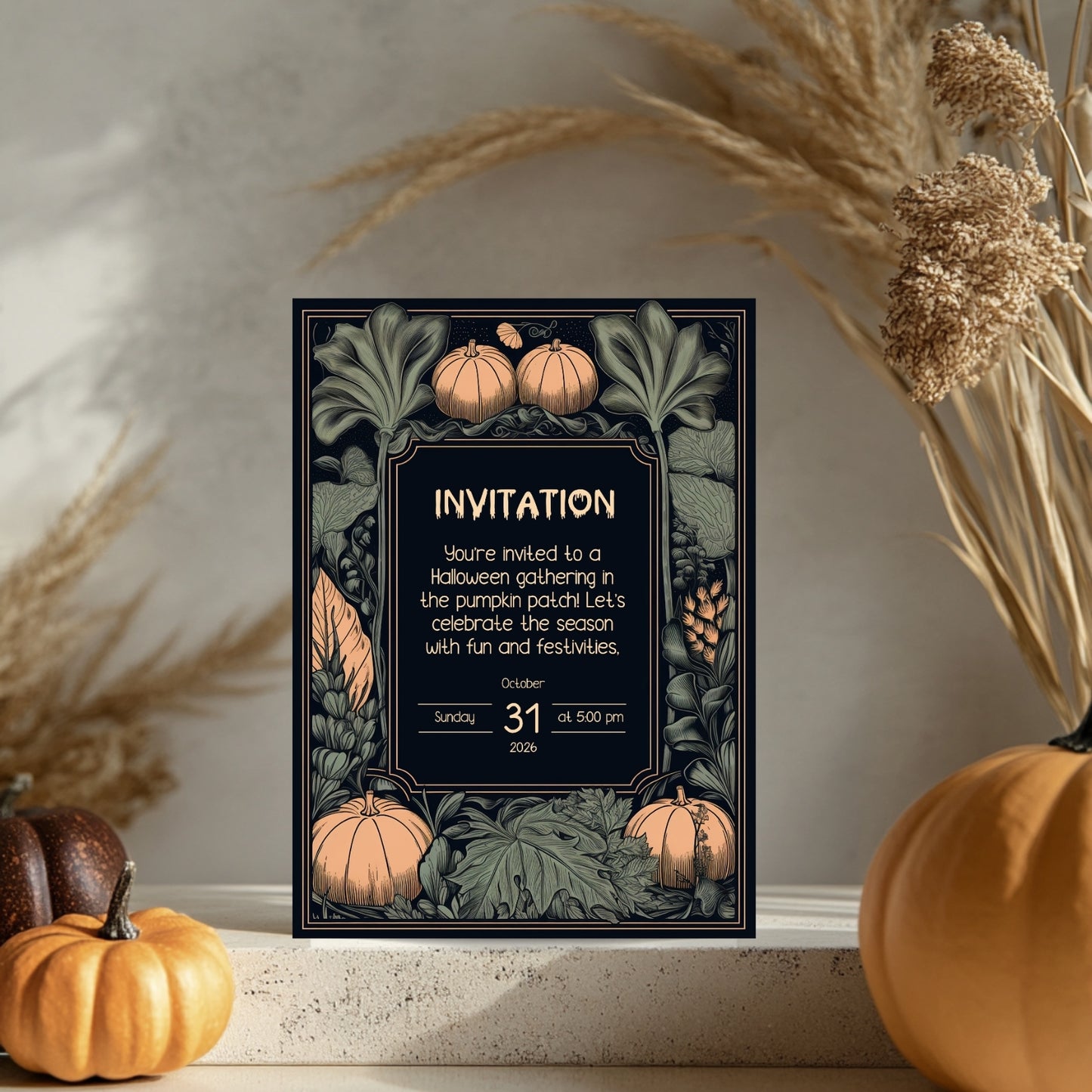 Rustic Harvest Halloween Invitation - Pumpkins & Leaves Design