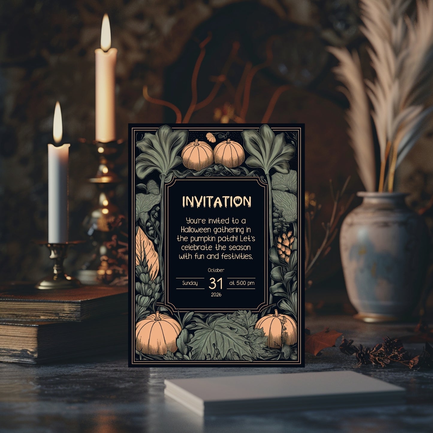 Rustic Harvest Halloween Invitation - Pumpkins & Leaves Design