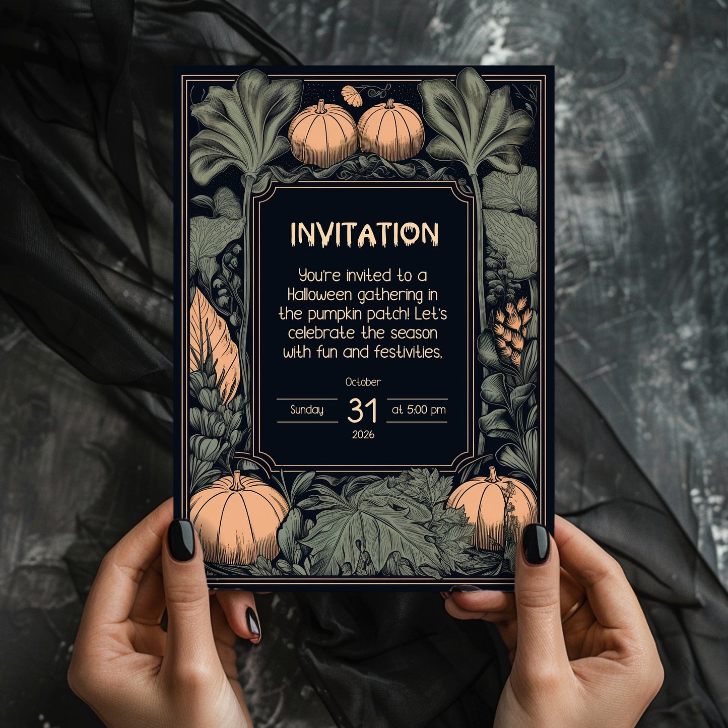 Rustic Harvest Halloween Invitation - Pumpkins & Leaves Design