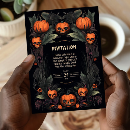 Gothic Halloween Invitation - Skull Pumpkin Design for Spooky Celebrations