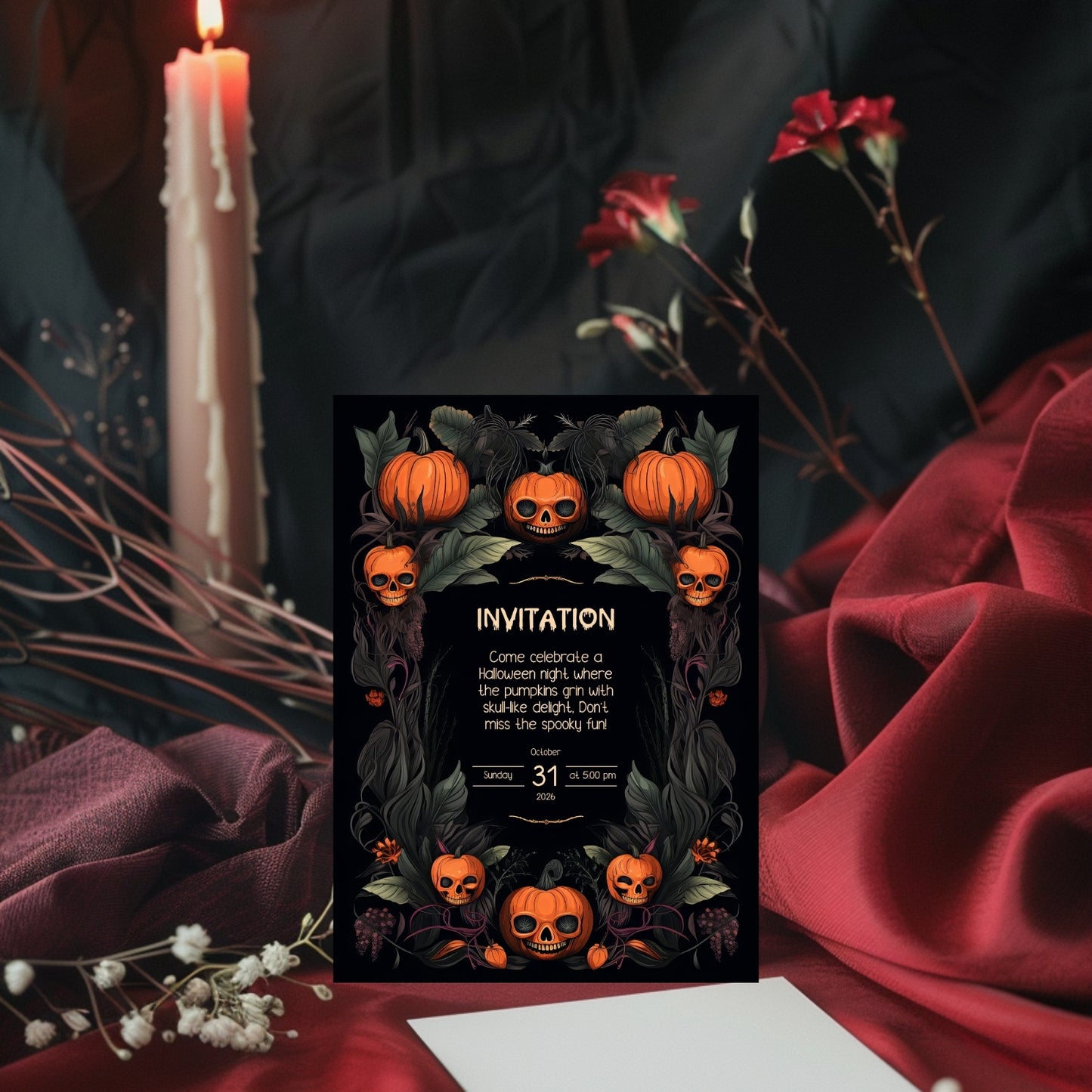 Gothic Halloween Invitation - Skull Pumpkin Design for Spooky Celebrations