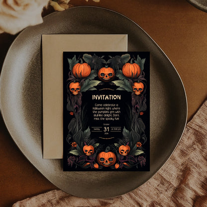 Gothic Halloween Invitation - Skull Pumpkin Design for Spooky Celebrations