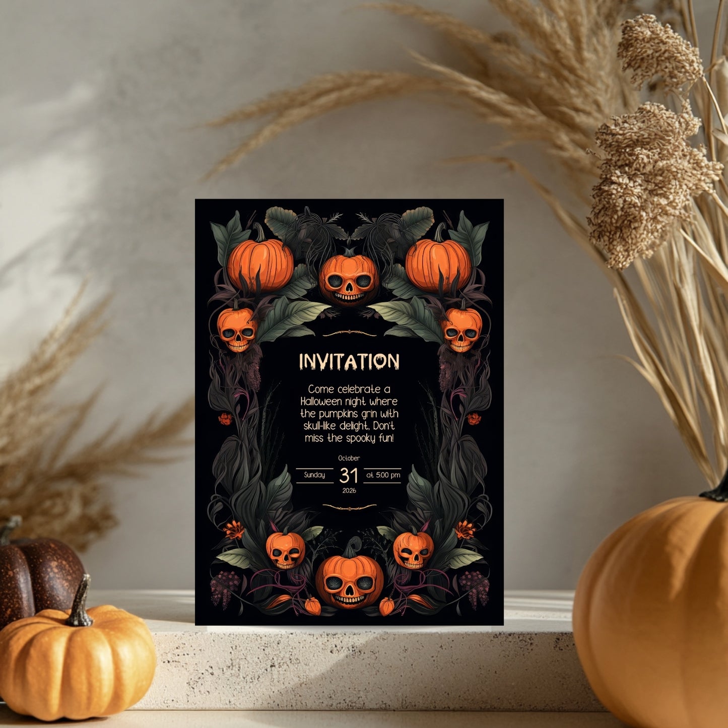 Gothic Halloween Invitation - Skull Pumpkin Design for Spooky Celebrations