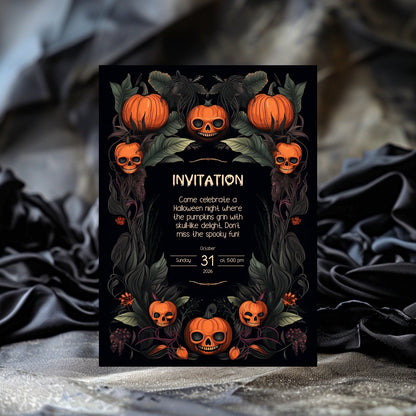 Gothic Halloween Invitation - Skull Pumpkin Design for Spooky Celebrations