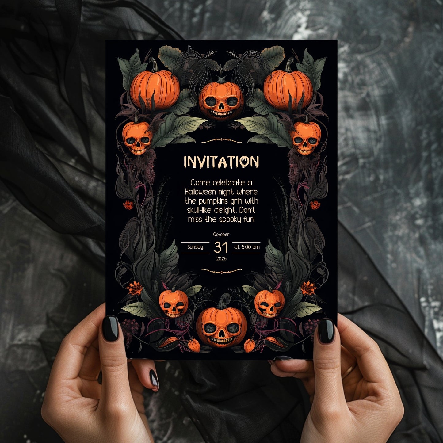 Gothic Halloween Invitation - Skull Pumpkin Design for Spooky Celebrations