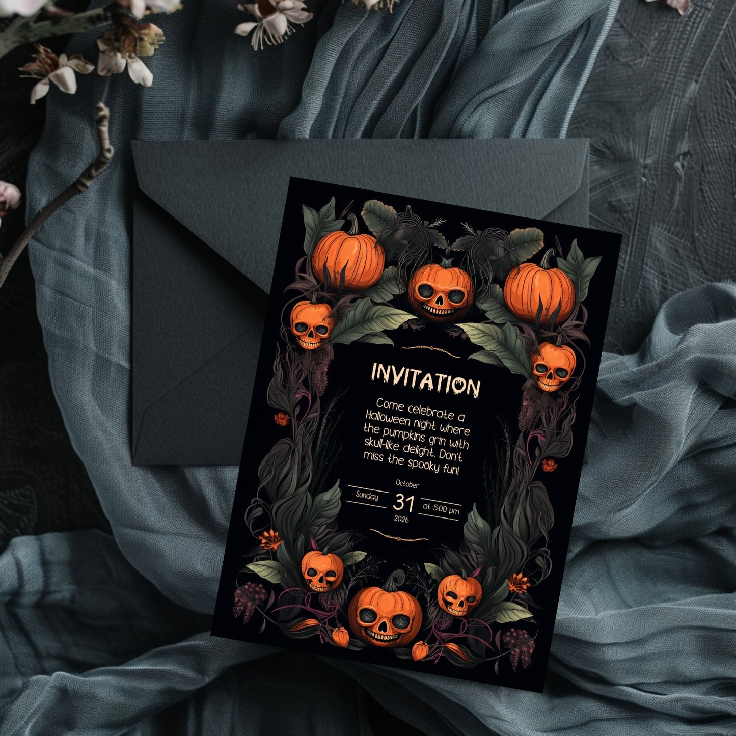 Gothic Halloween Invitation - Skull Pumpkin Design for Spooky Celebrations