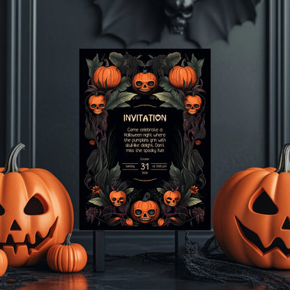 Gothic Halloween Invitation - Skull Pumpkin Design for Spooky Celebrations