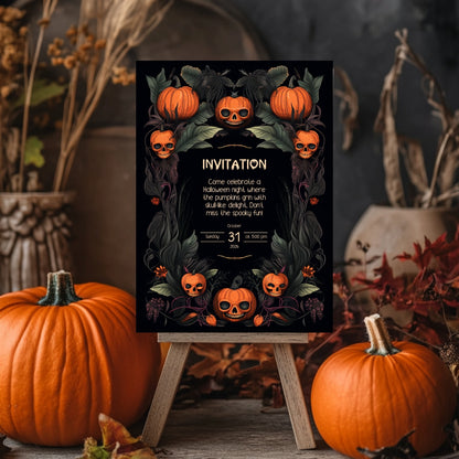 Gothic Halloween Invitation - Skull Pumpkin Design for Spooky Celebrations