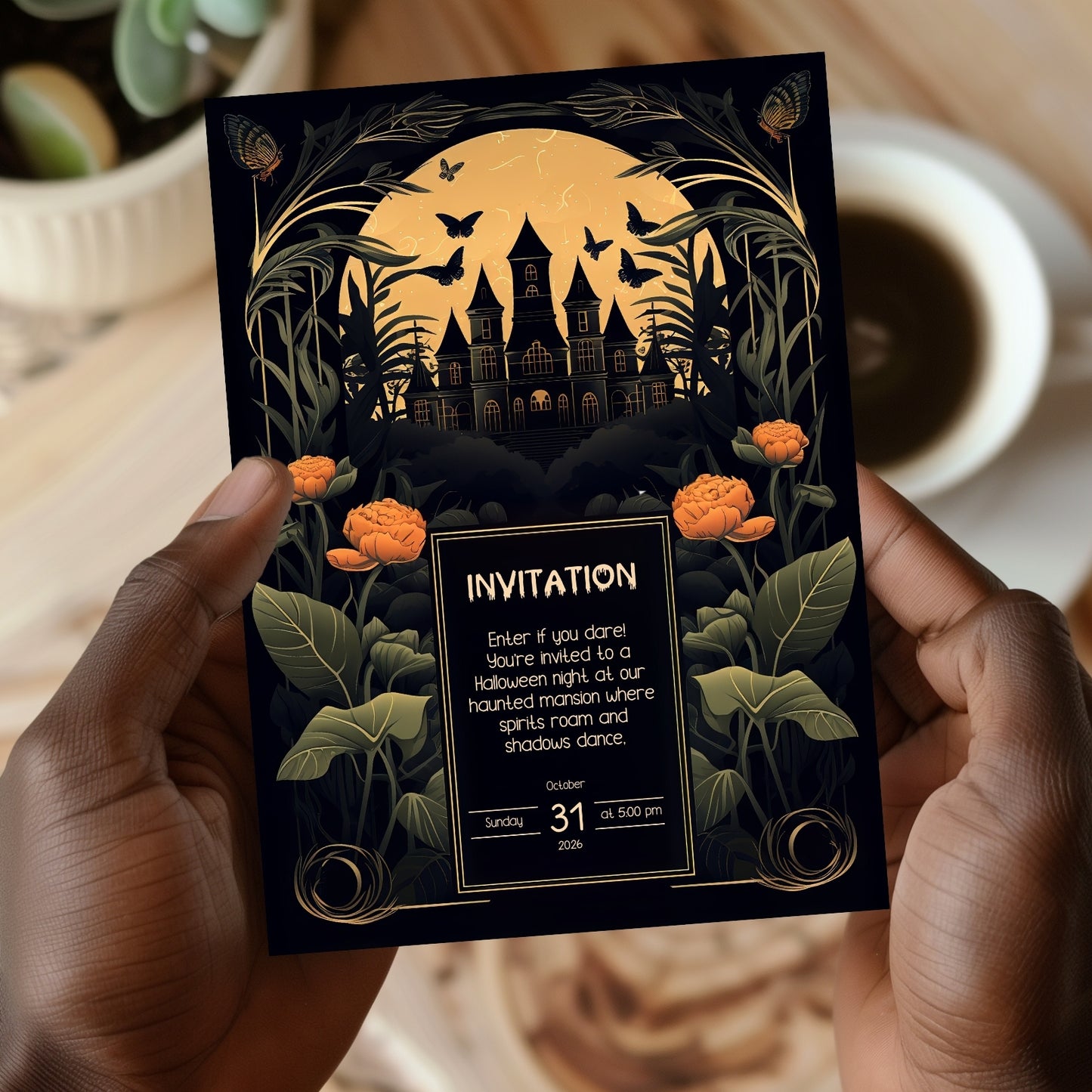 Gothic Art Nouveau Halloween Invitation - Haunted Mansion Design for Spooky Events