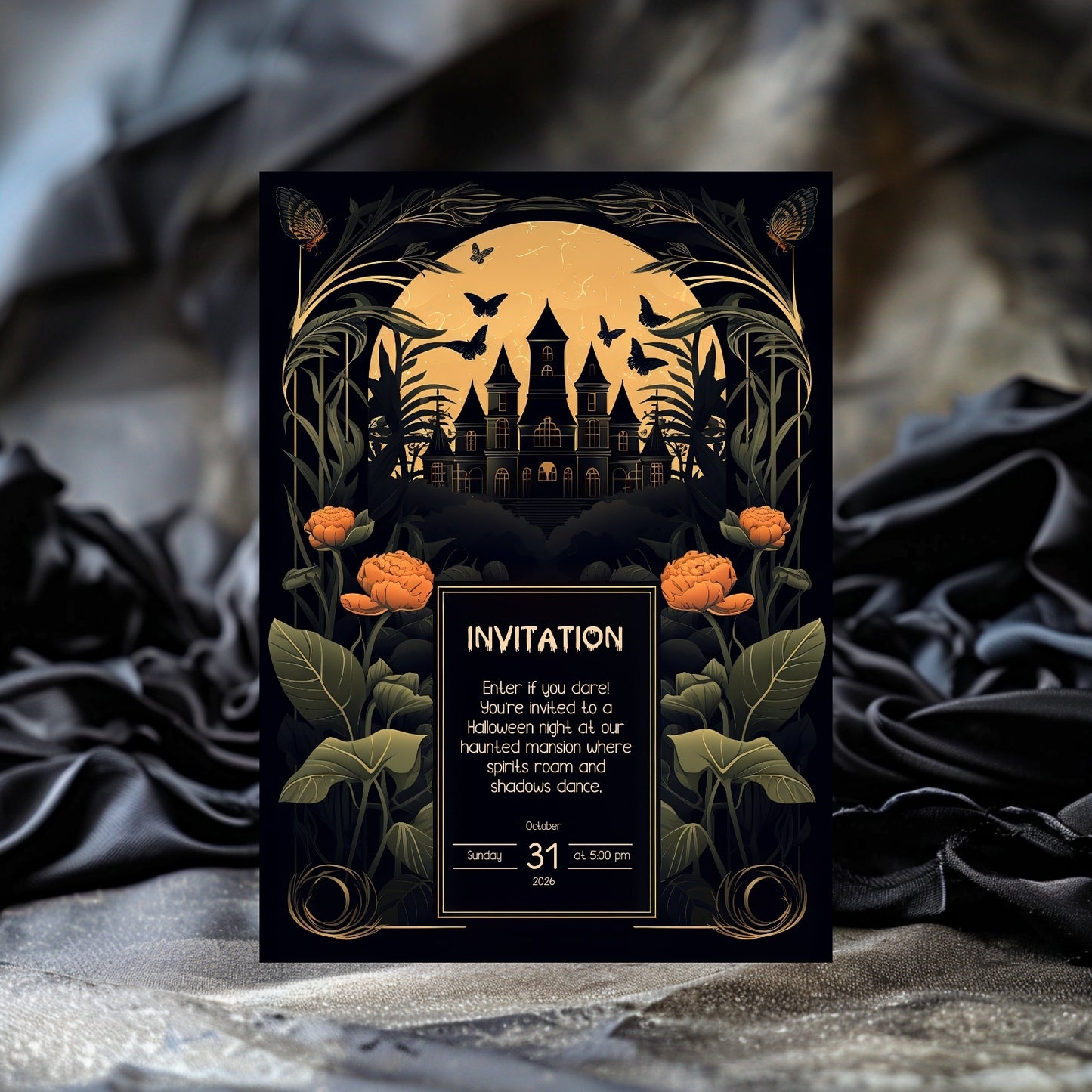 Gothic Art Nouveau Halloween Invitation - Haunted Mansion Design for Spooky Events