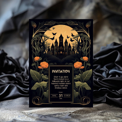 Gothic Art Nouveau Halloween Invitation - Haunted Mansion Design for Spooky Events