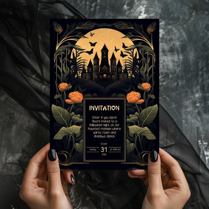 Gothic Art Nouveau Halloween Invitation - Haunted Mansion Design for Spooky Events