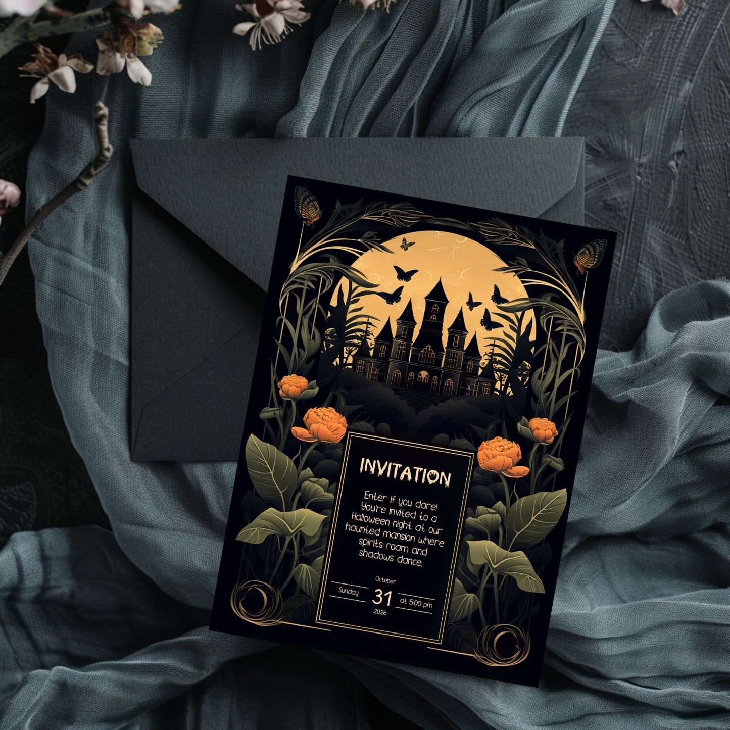 Gothic Art Nouveau Halloween Invitation - Haunted Mansion Design for Spooky Events