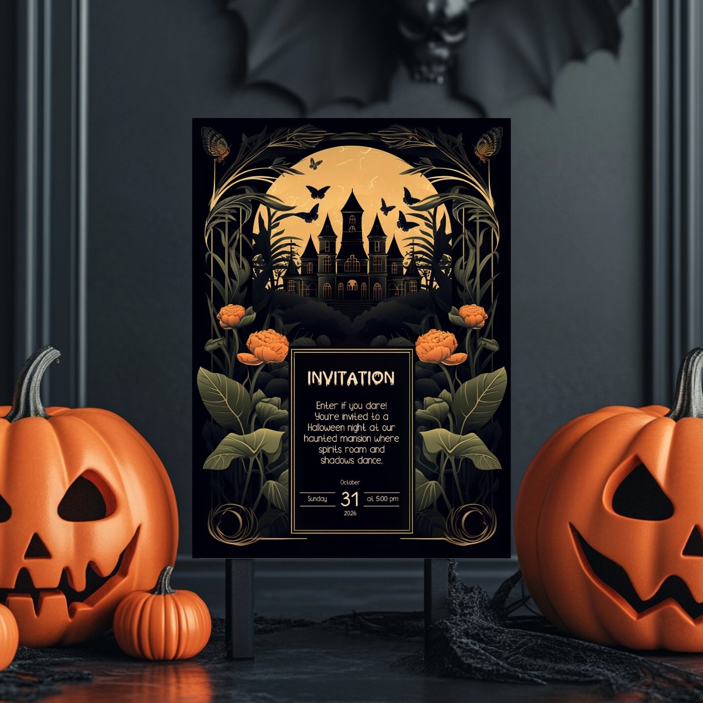 Gothic Art Nouveau Halloween Invitation - Haunted Mansion Design for Spooky Events