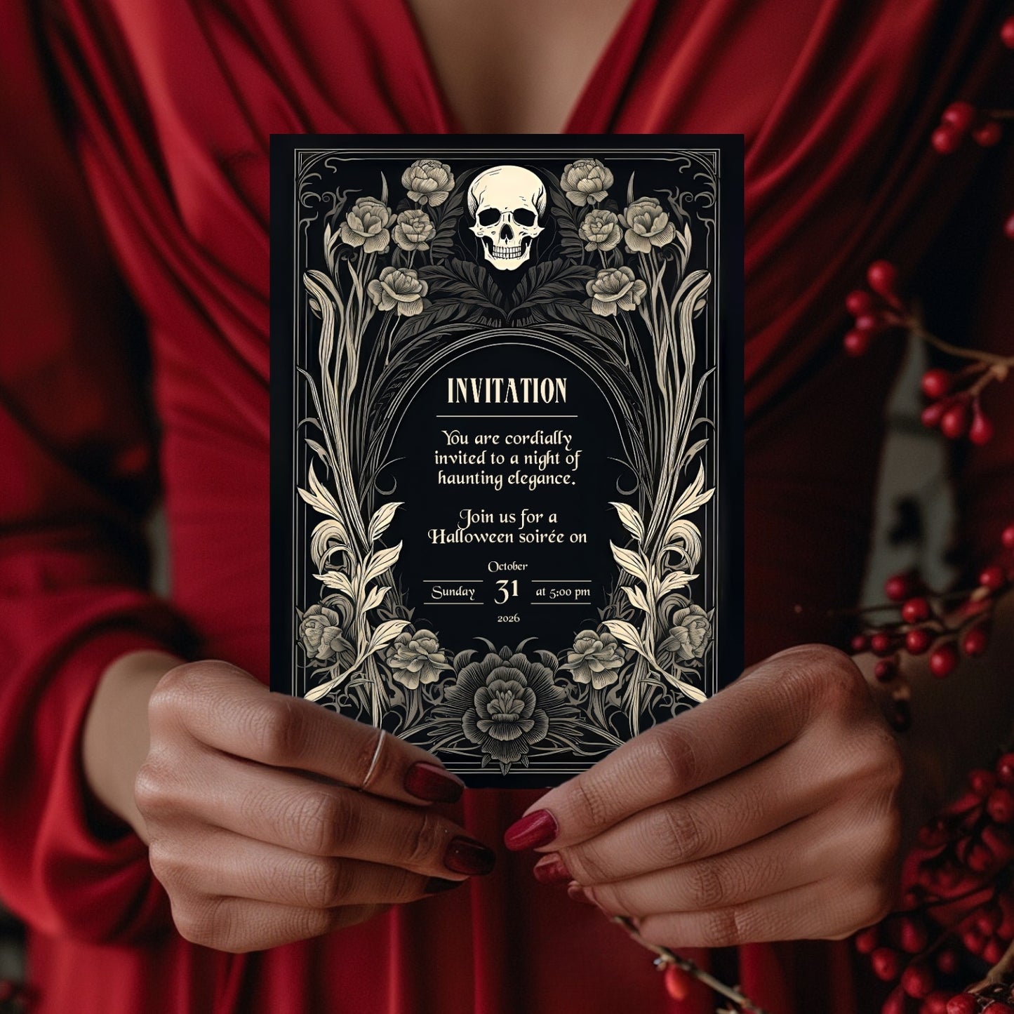 Gothic Baroque Halloween Invitation - Elegant Skull and Floral Design