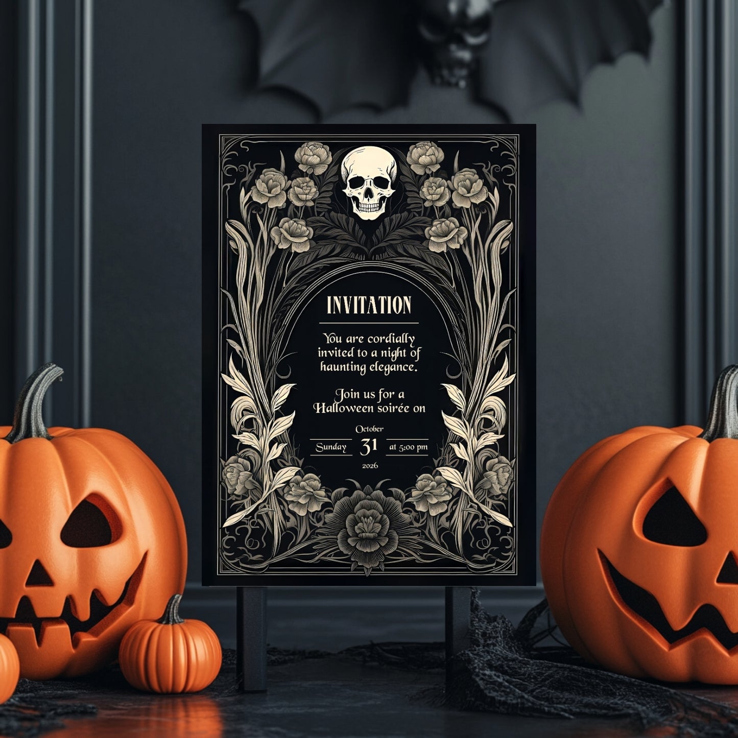 Gothic Baroque Halloween Invitation - Elegant Skull and Floral Design