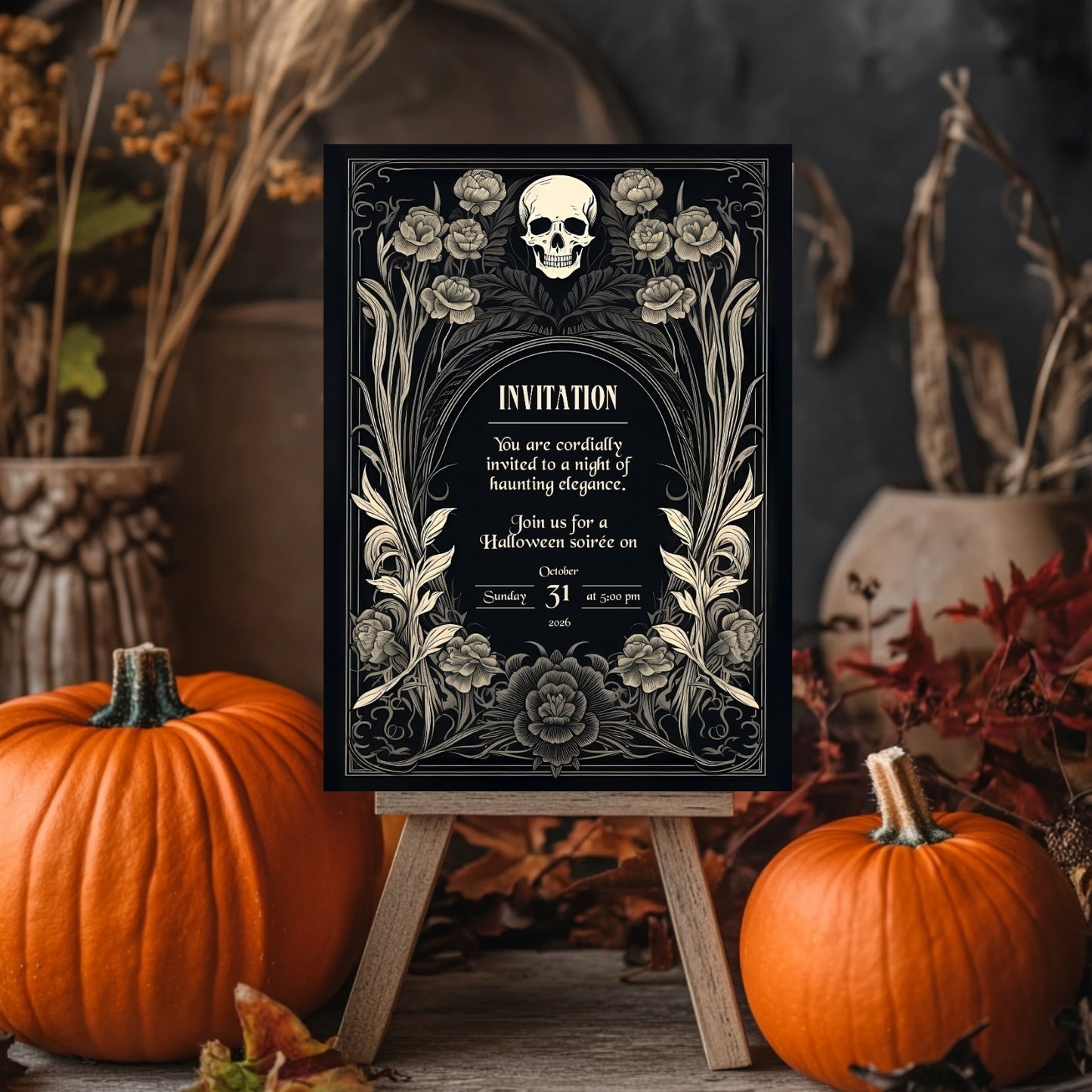 Gothic Baroque Halloween Invitation - Elegant Skull and Floral Design