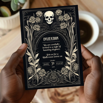 Gothic Baroque Halloween Invitation - Elegant Skull and Floral Design