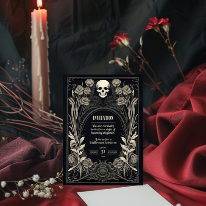 Gothic Baroque Halloween Invitation - Elegant Skull and Floral Design