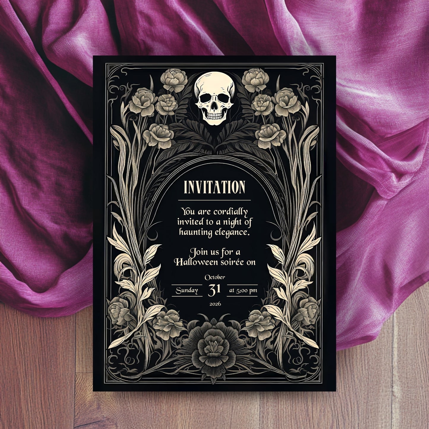 Gothic Baroque Halloween Invitation - Elegant Skull and Floral Design