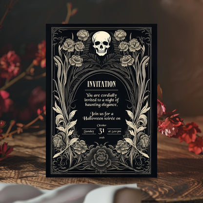 Gothic Baroque Halloween Invitation - Elegant Skull and Floral Design