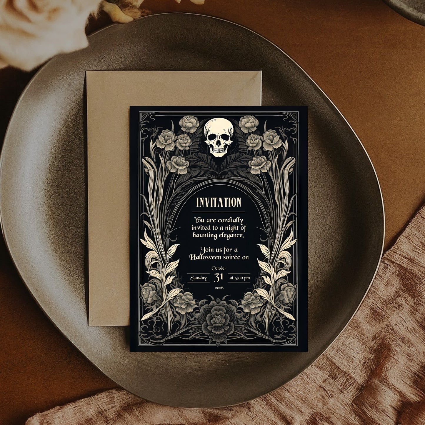 Gothic Baroque Halloween Invitation - Elegant Skull and Floral Design