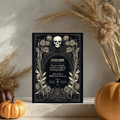 Gothic Baroque Halloween Invitation - Elegant Skull and Floral Design