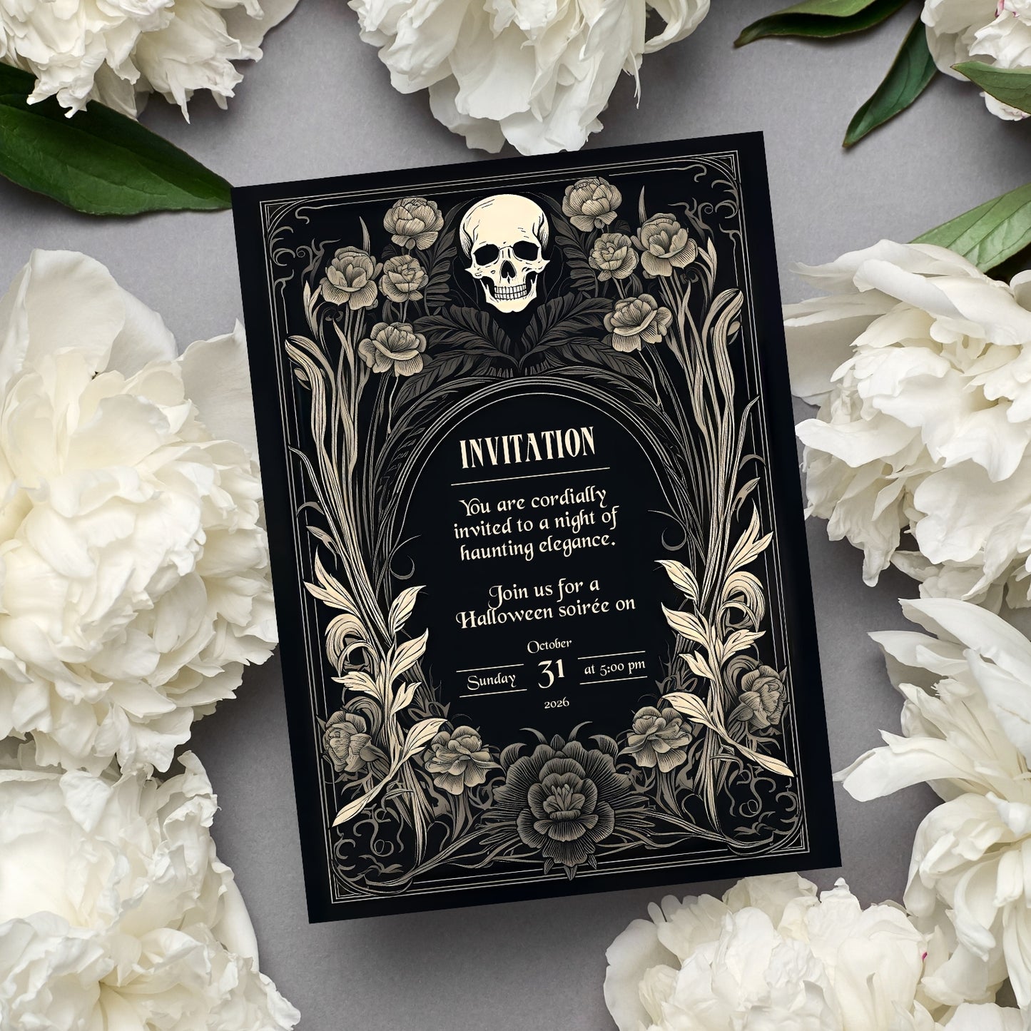 Gothic Baroque Halloween Invitation - Elegant Skull and Floral Design