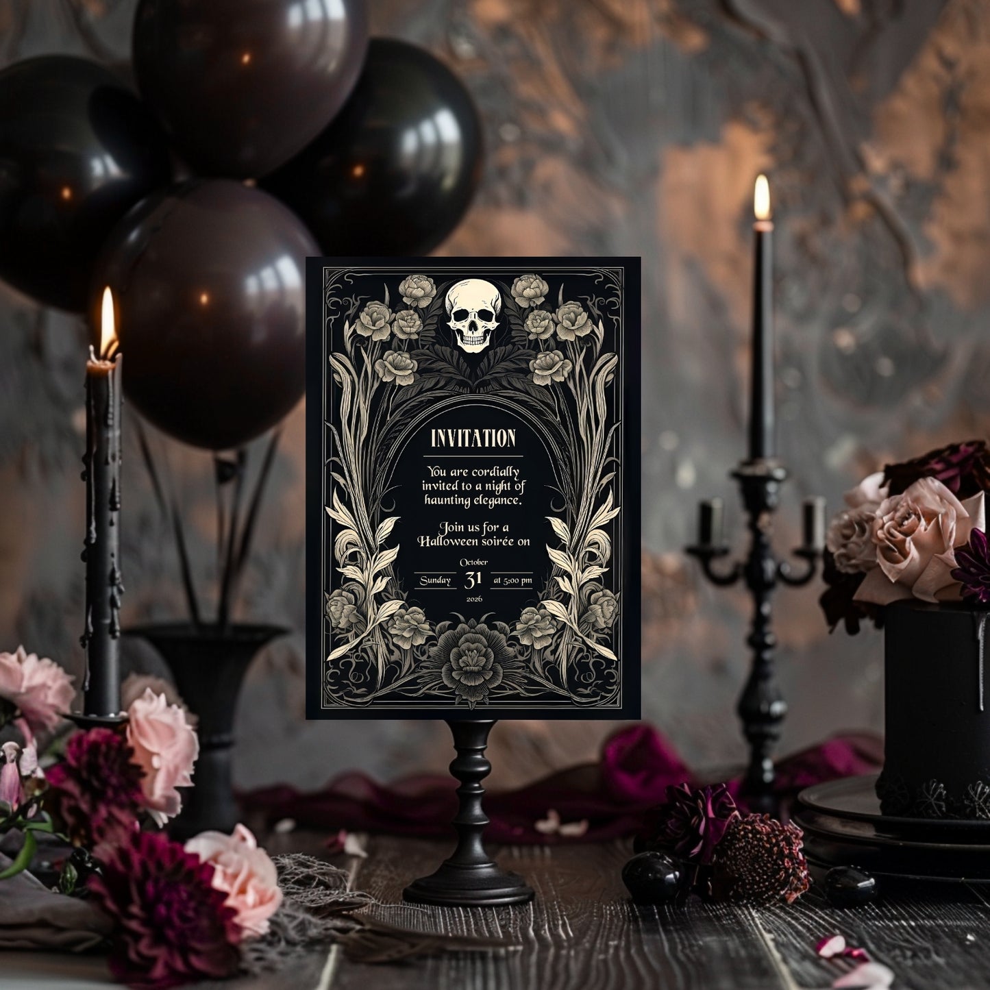 Gothic Baroque Halloween Invitation - Elegant Skull and Floral Design