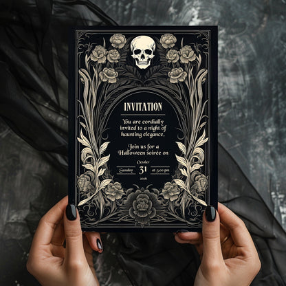 Gothic Baroque Halloween Invitation - Elegant Skull and Floral Design