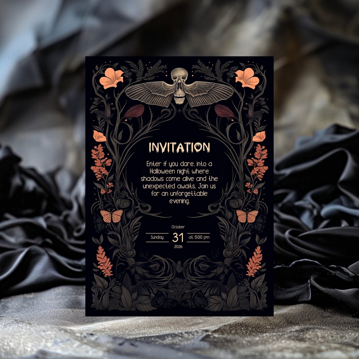 Gothic Victorian Halloween Invitation - Death's-Head Hawkmoth Design for Spooky Celebrations