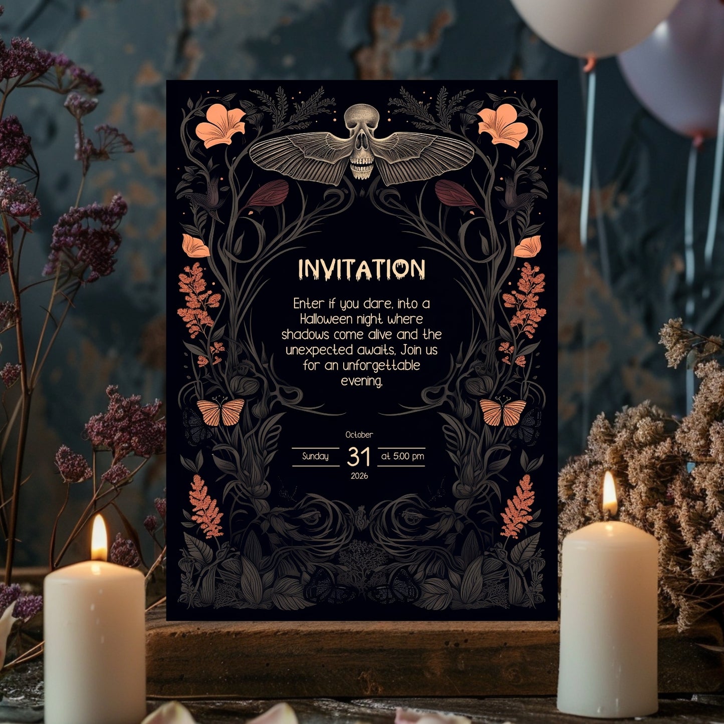 Gothic Victorian Halloween Invitation - Death's-Head Hawkmoth Design for Spooky Celebrations