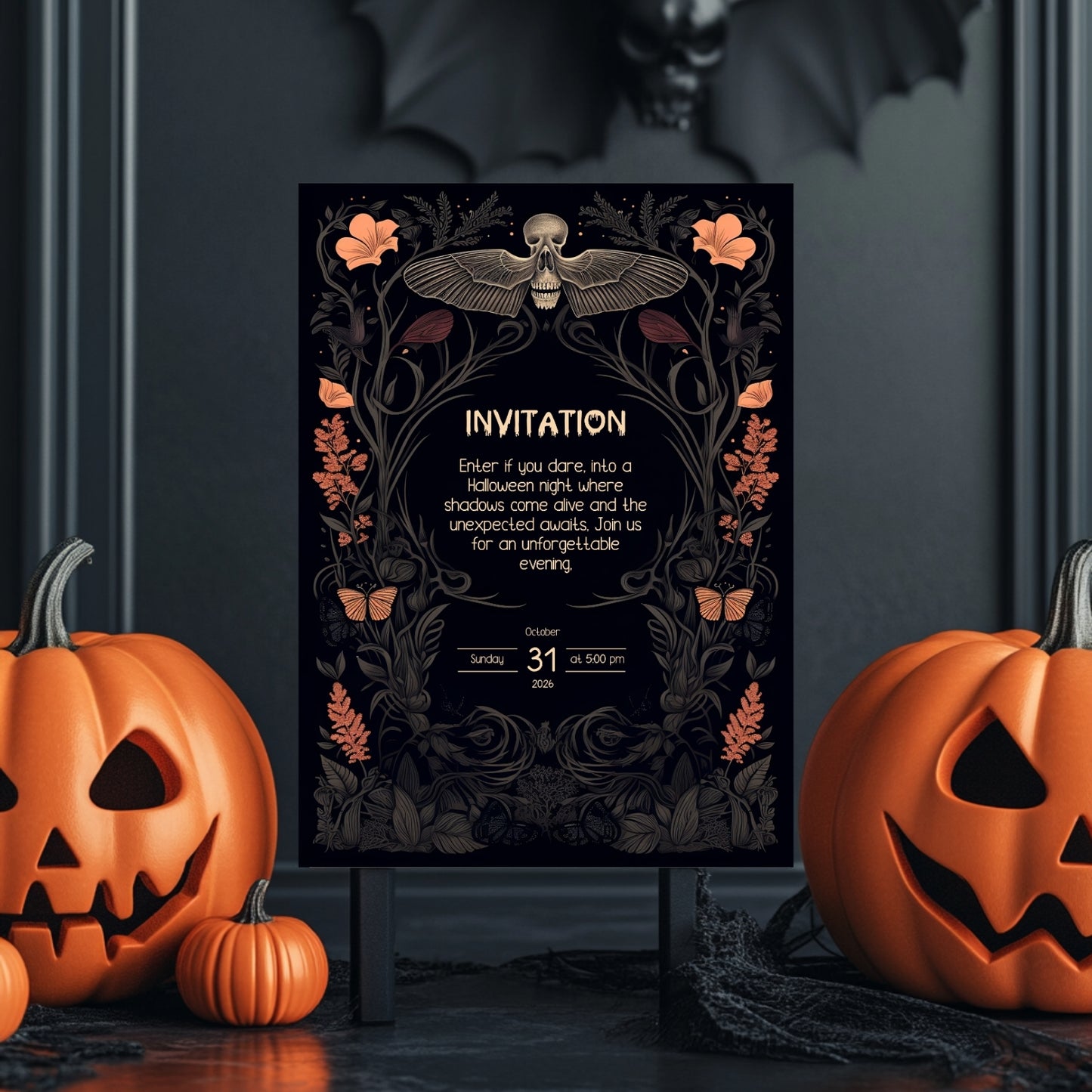 Gothic Victorian Halloween Invitation - Death's-Head Hawkmoth Design for Spooky Celebrations