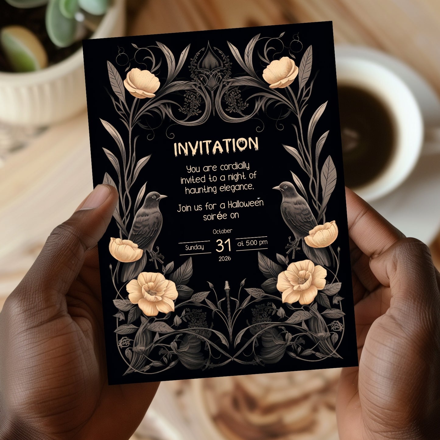 Gothic Victorian Halloween Invitation - Elegant Raven and Floral Design