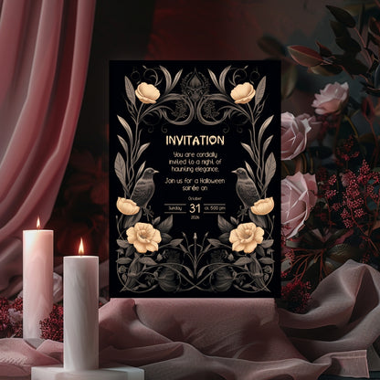 Gothic Victorian Halloween Invitation - Elegant Raven and Floral Design