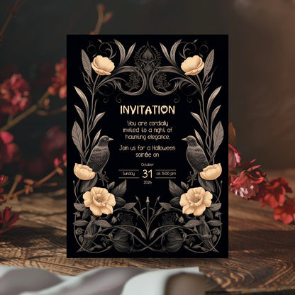 Gothic Victorian Halloween Invitation - Elegant Raven and Floral Design