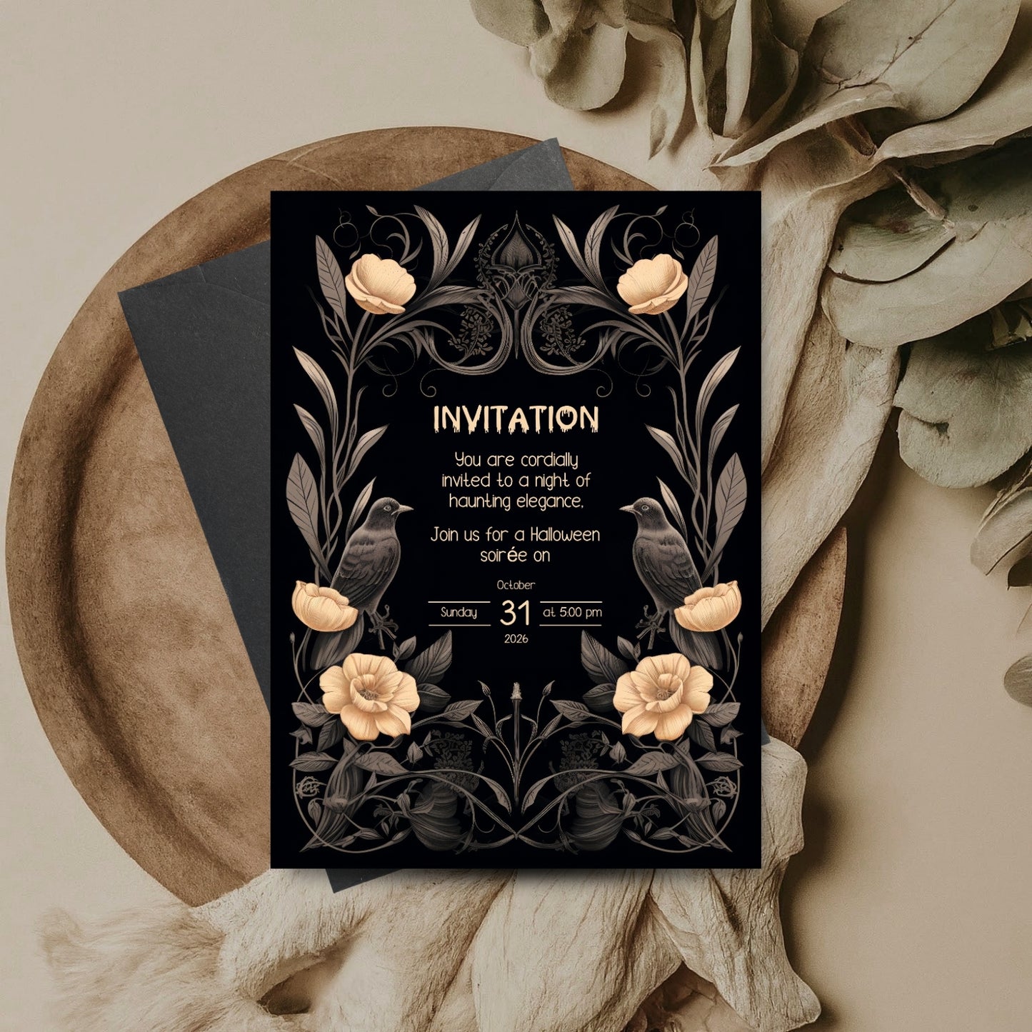 Gothic Victorian Halloween Invitation - Elegant Raven and Floral Design