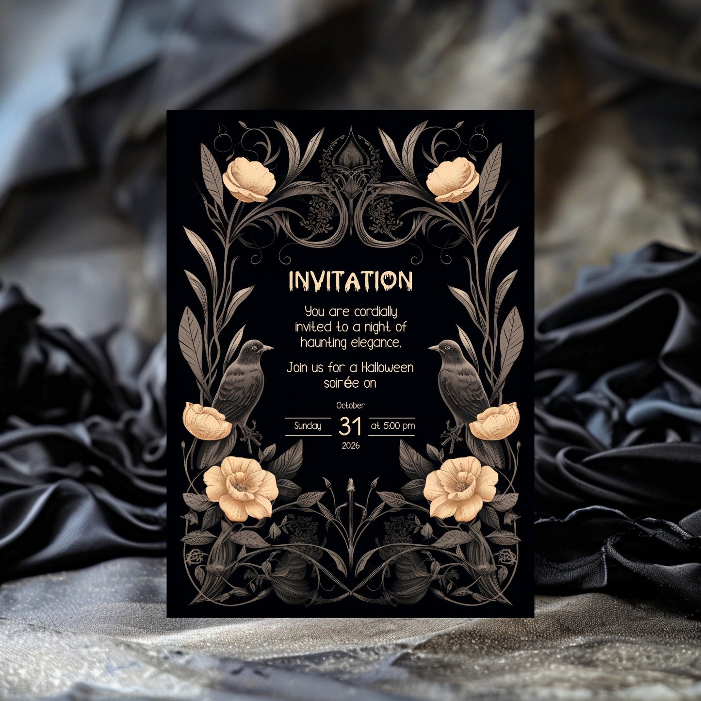 Gothic Victorian Halloween Invitation - Elegant Raven and Floral Design